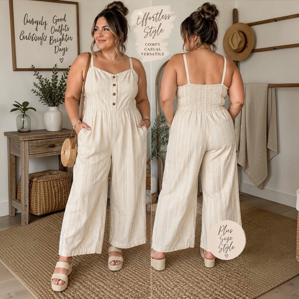 Old Navy 3X Linen Blend Striped Wide Leg Cami Jumpsuit Cream Plus Size